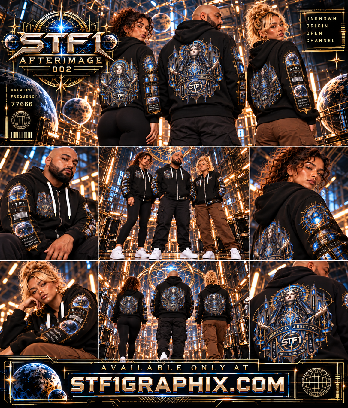 Afterimage 002 campaign collage featuring Spoon, Feli, and Stephany with garment details and STF1 Graphix branding.