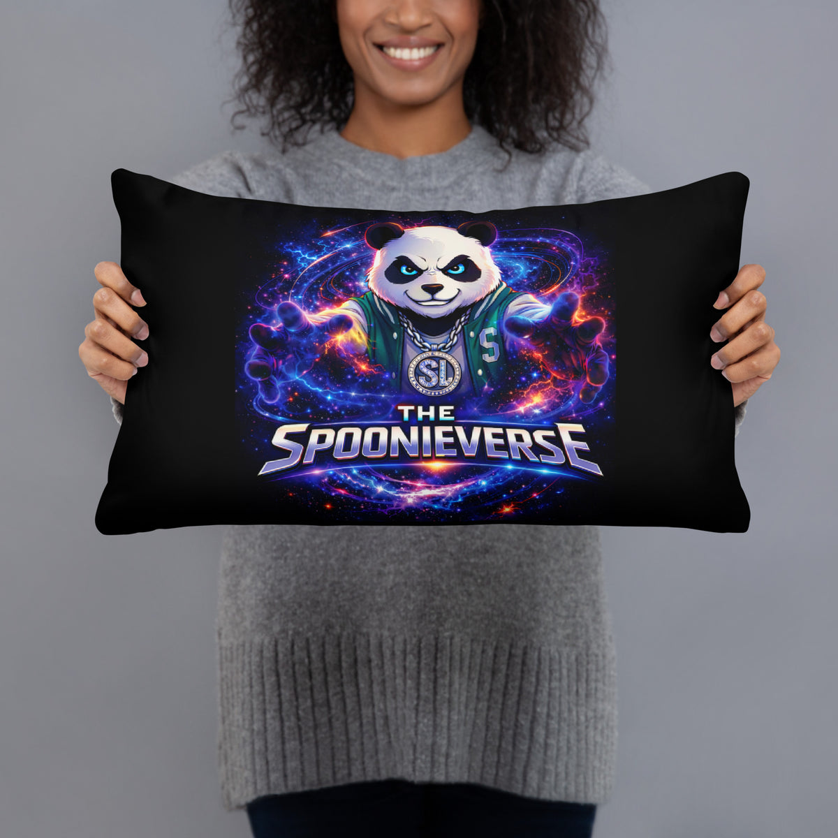 Spoonieverse 20x12 pillow with STF1 Graphix logo, close up of Spooniverse Logo Front side