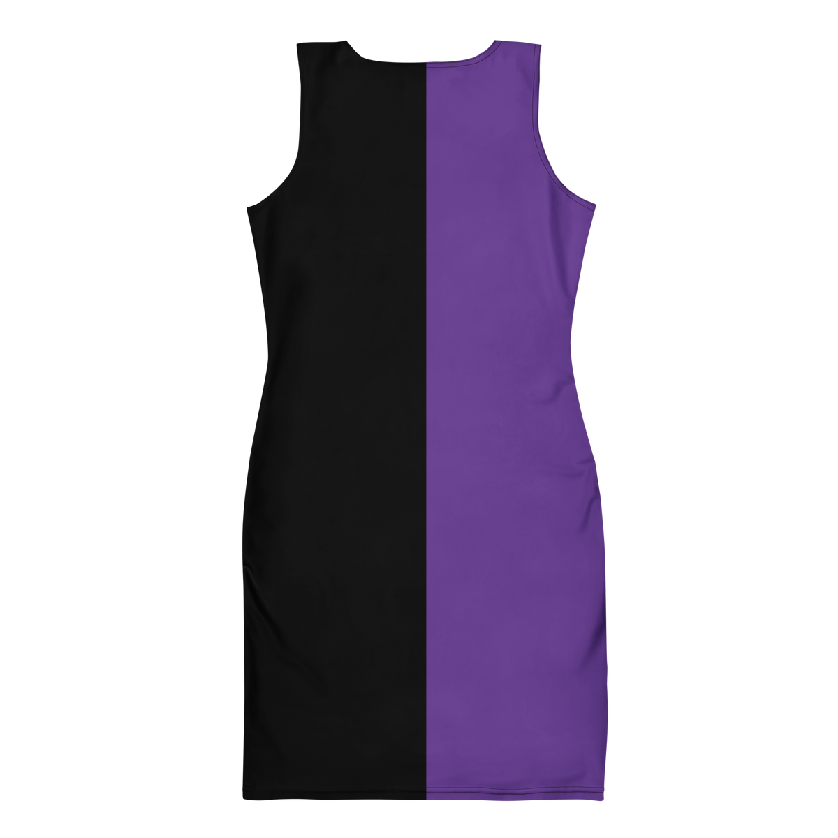 Back view of Bound Black & Purple Bodycon Dress with vertical black and purple split panels