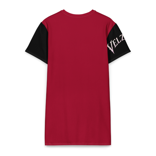 Back view of Velzara Triumph Red Cotton T-Shirt Dress with black sleeve accents and graphic lettering