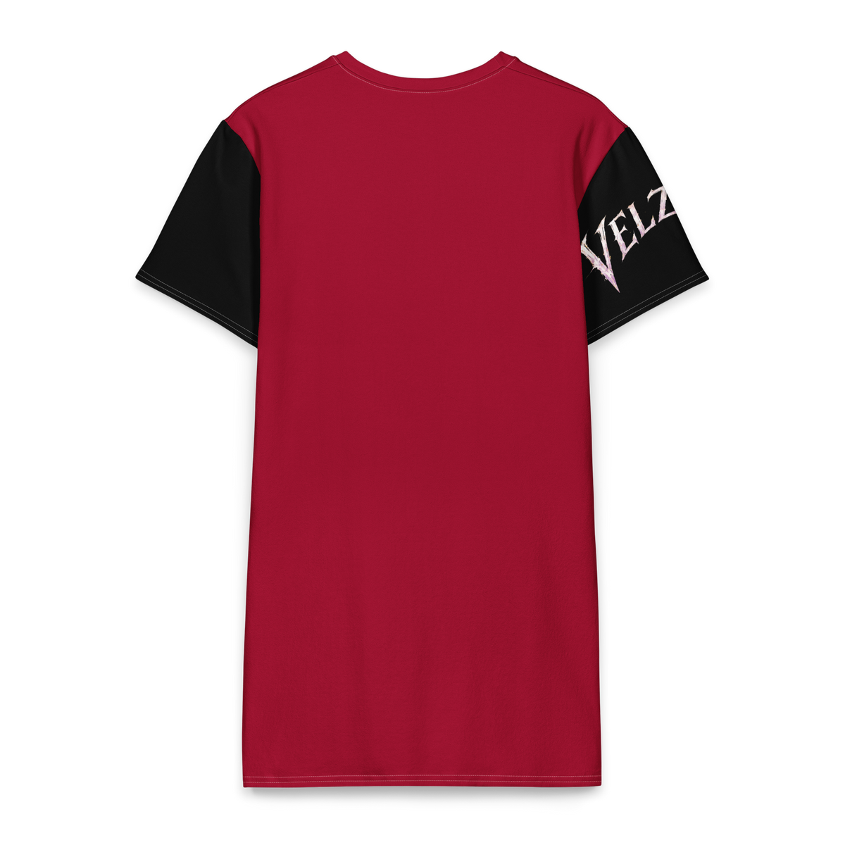 Back view of Velzara Triumph Red Cotton T-Shirt Dress with black sleeve accents and graphic lettering