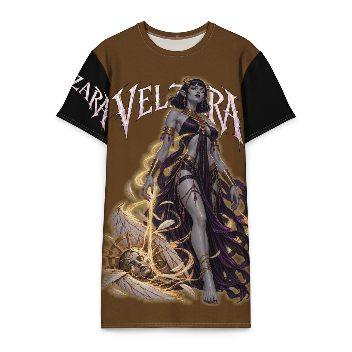 Front view of Velzara Triumph Brown Cotton T-Shirt Dress featuring original STF1 Graphix artwork