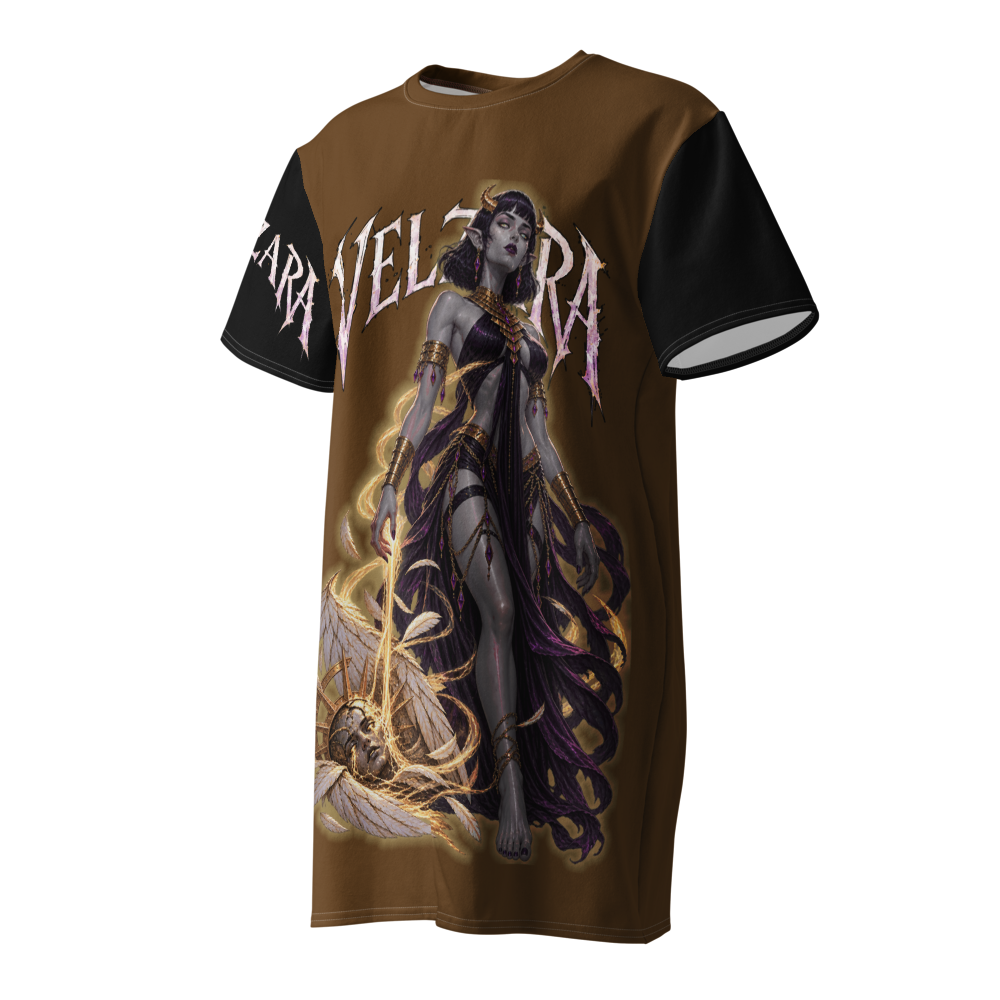 Angled front view of Velzara Triumph Brown T-Shirt Dress featuring dark fantasy character artwork