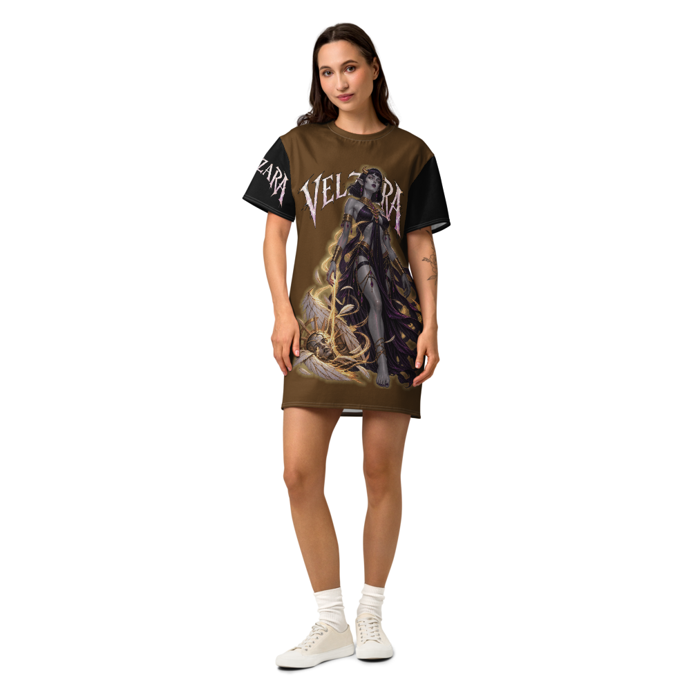 Velzara Triumph Brown Cotton T-Shirt Dress featuring original STF1 Graphix dark fantasy artwork