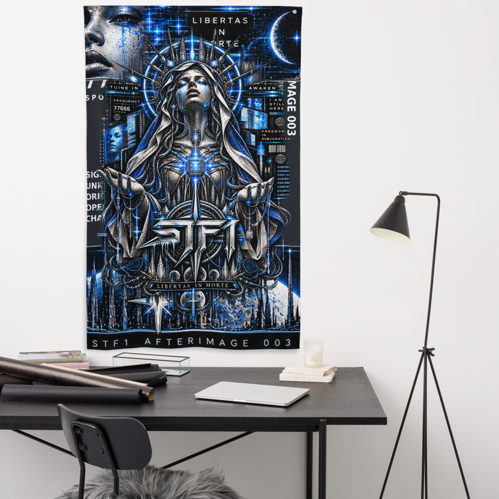 Afterimage 003 vertical wall flag displayed in a modern room with original STF1 Graphix artwork