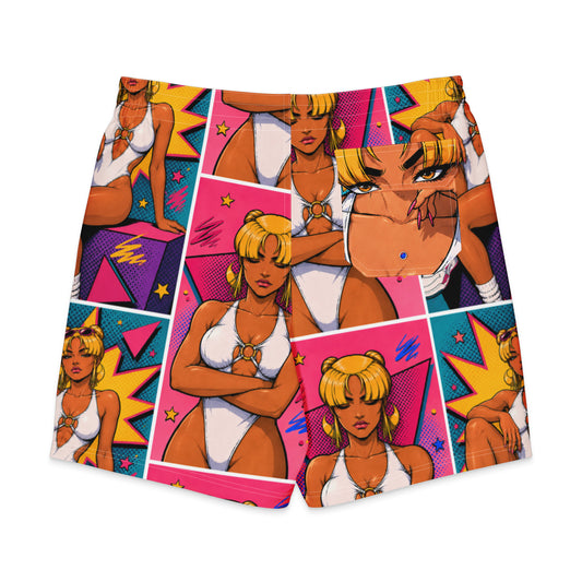 Back view of Donnah men’s board shorts featuring a colorful collage of character portraits.