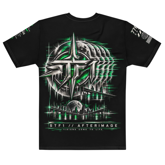 Back view of black STF1 Afterimage 001 T-shirt featuring large distorted signal artwork and technical markings