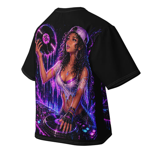 Drop the Bass oversized black T-shirt featuring original purple music-inspired STF1 Graphix artwork larger back detail