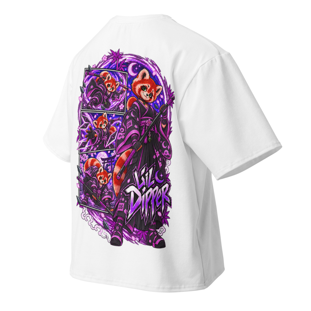 Angled back view of white Lil Dipper oversized T-shirt featuring original moonlit samurai artwork