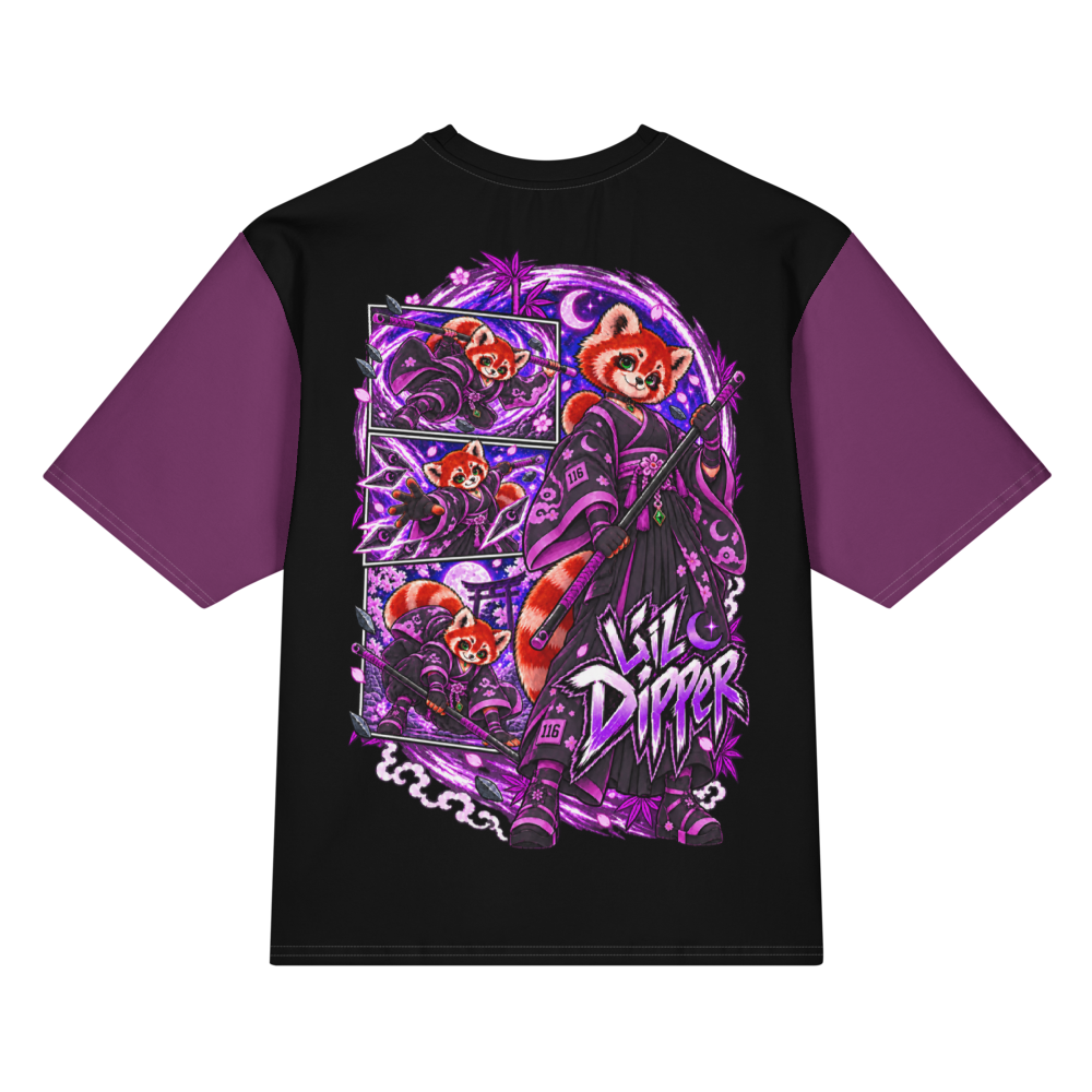 Back view of purple and black Harajuku Samurai Lil Dipper oversized T-shirt featuring full red-panda samurai artwork