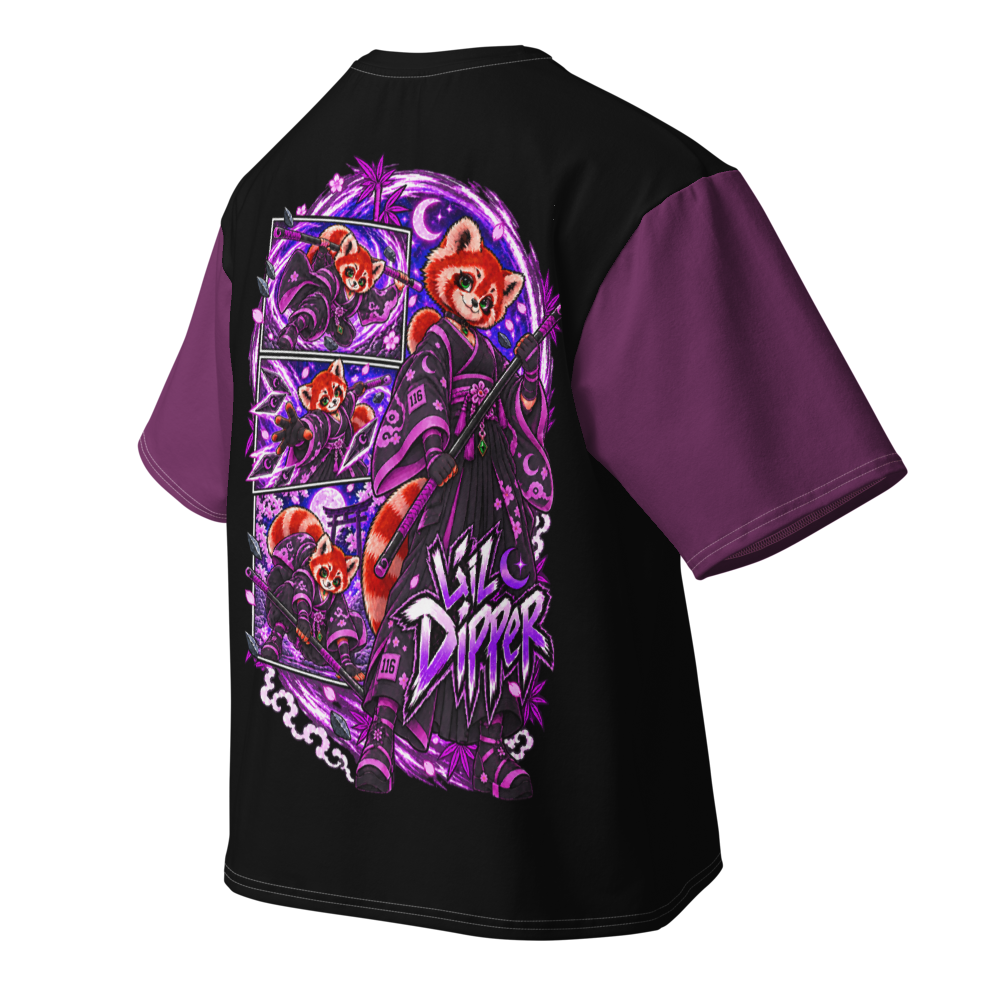 Angled front view of purple and black Lil Dipper oversized T-shirt showing the Harajuku character emblem