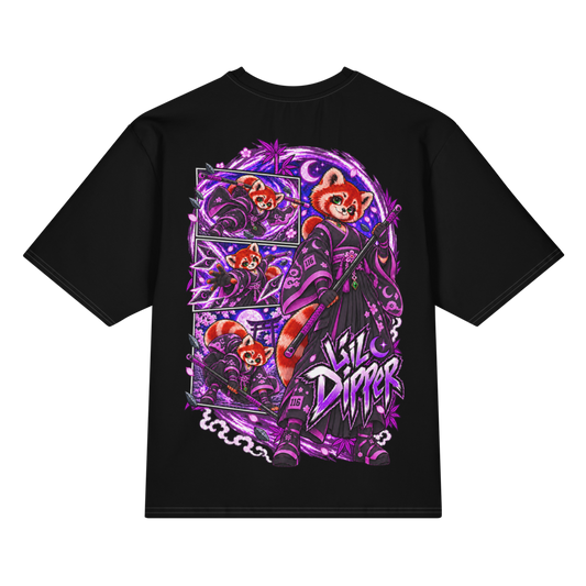 Back view of black Harajuku Samurai Lil Dipper oversized T-shirt featuring full red-panda samurai artwork