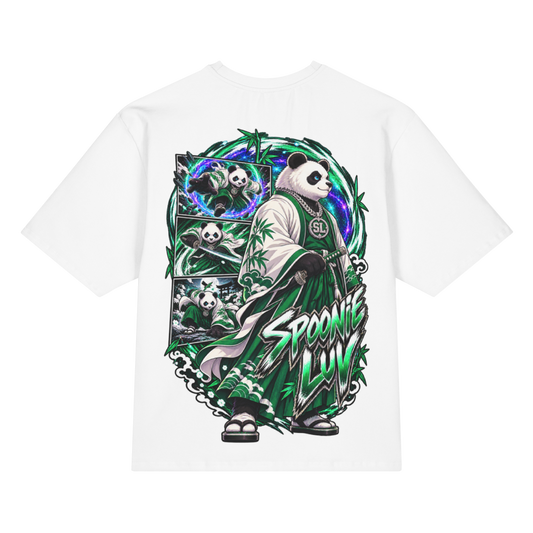 Back view of white Harajuku Samurai Spoonie Luv oversized T-shirt featuring full emerald samurai artwork