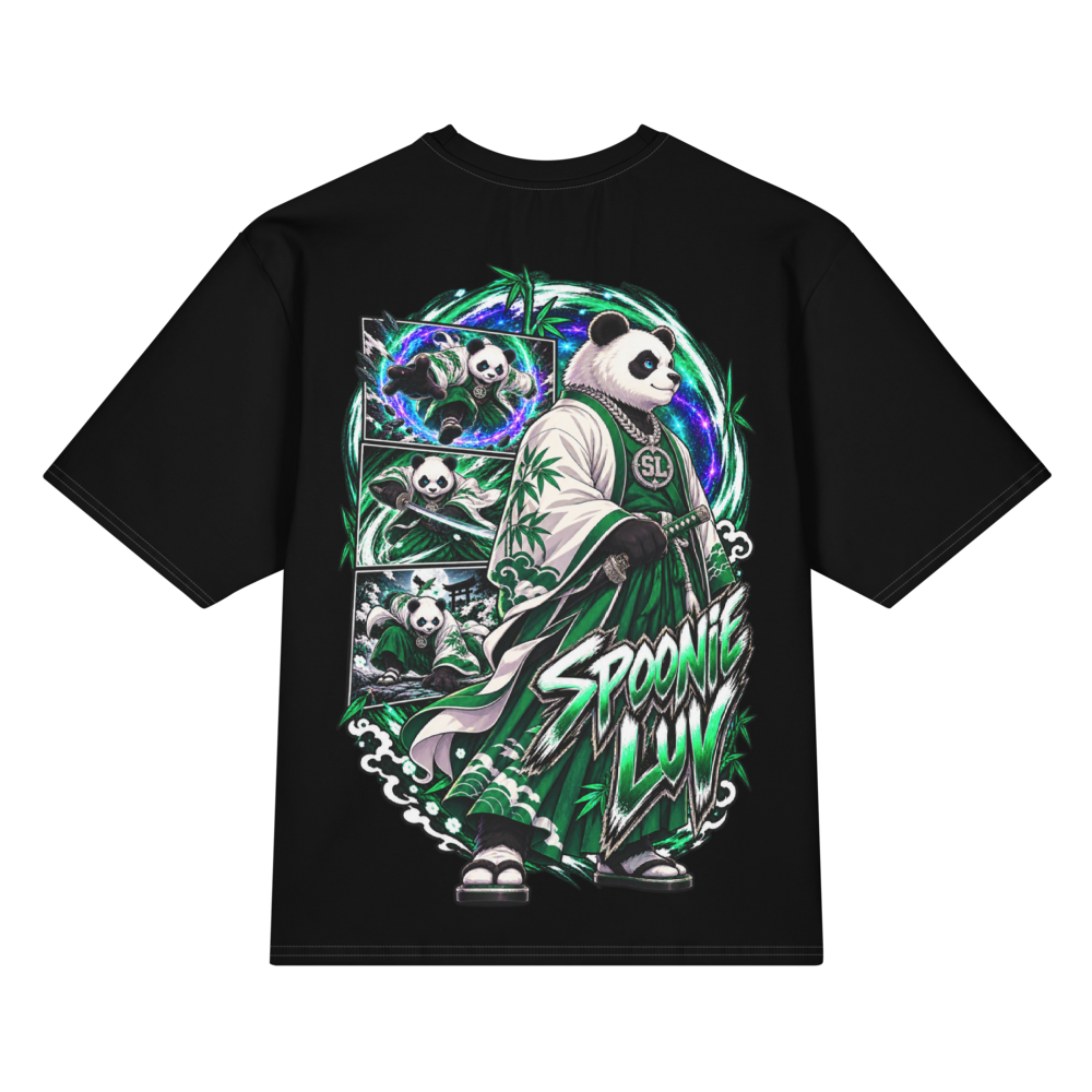 Back view of black Harajuku Samurai Spoonie Luv oversized T-shirt featuring full emerald samurai artwork