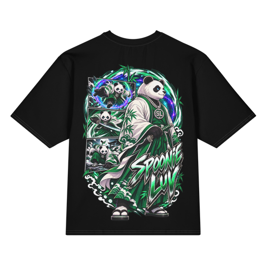 Back view of black Harajuku Samurai Spoonie Luv oversized T-shirt featuring full emerald samurai artwork