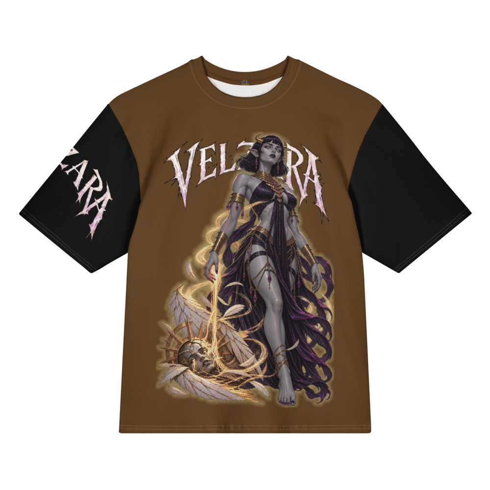 Velzara Triumph Brown Oversized T-Shirt featuring original STF1 Graphix dark fantasy artwork