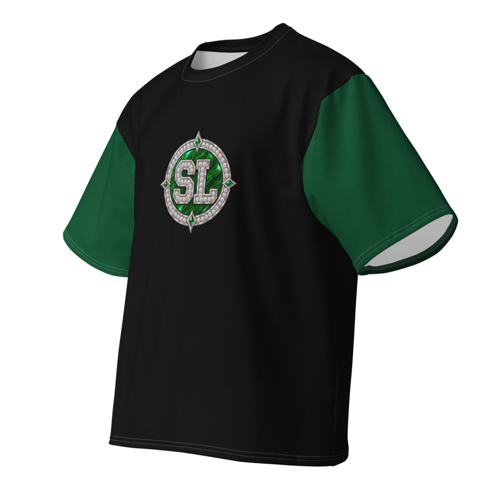 Angled front view of green and black Spoonie Luv oversized T-shirt showing the emerald SL chest emblem