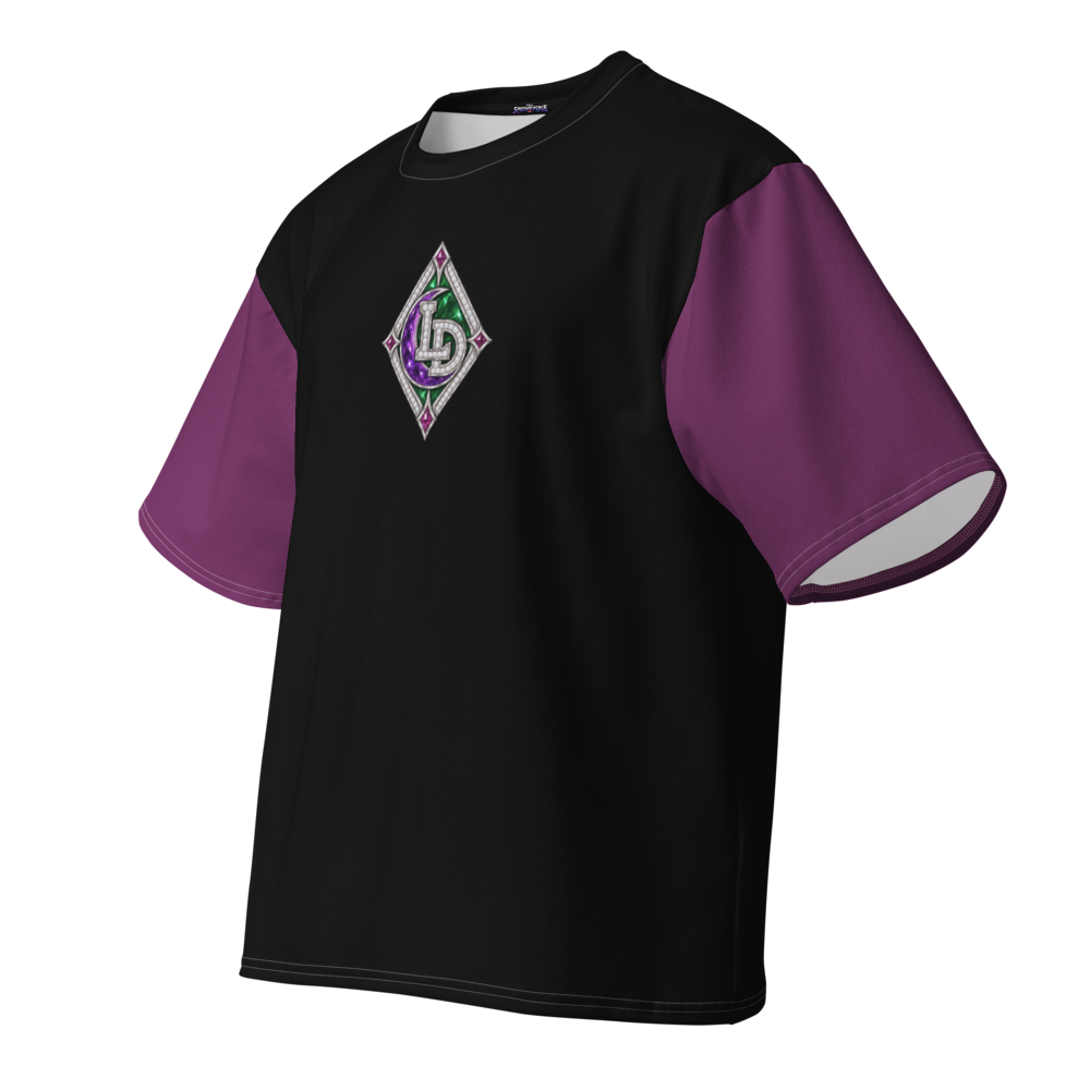 Angled back view of purple and black Lil Dipper oversized T-shirt featuring original moonlit samurai artwork