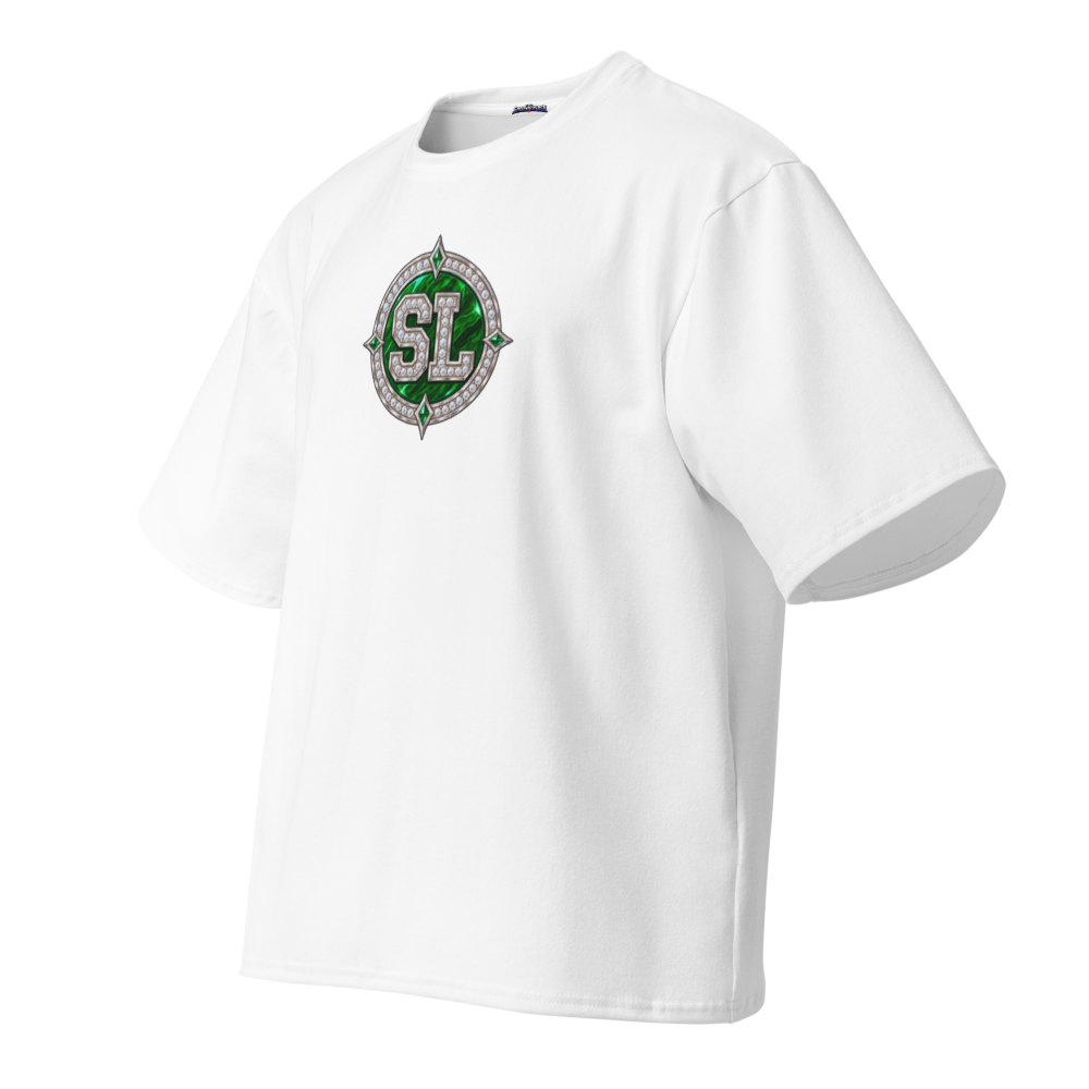 Angled front view of white Spoonie Luv oversized T-shirt showing the circular emerald SL chest emblem