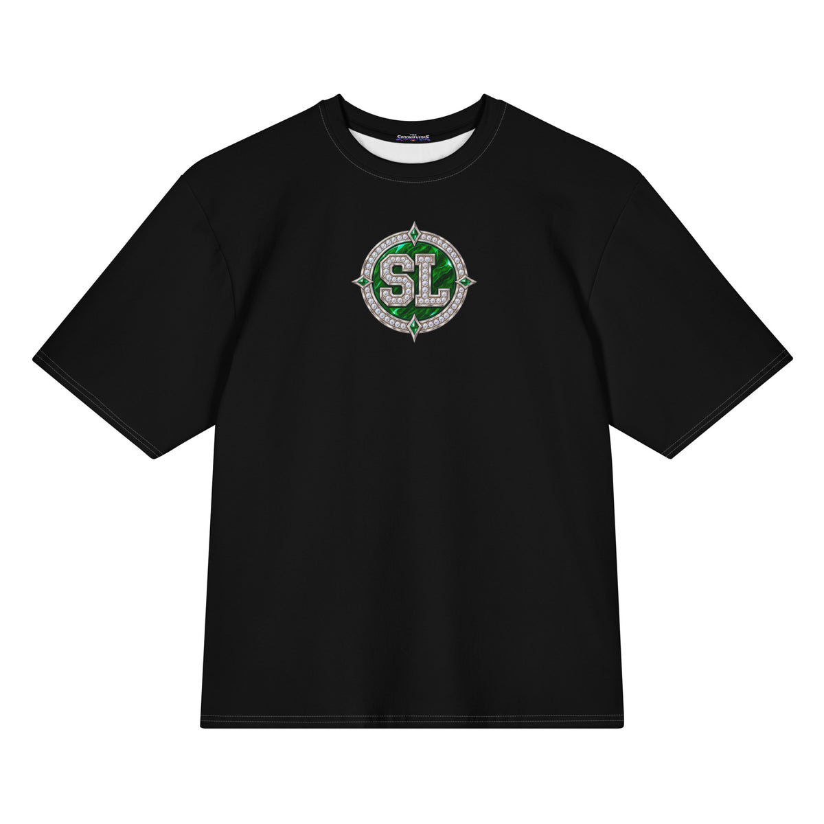 Front view of black Harajuku Samurai Spoonie Luv oversized T-shirt with emerald SL emblem