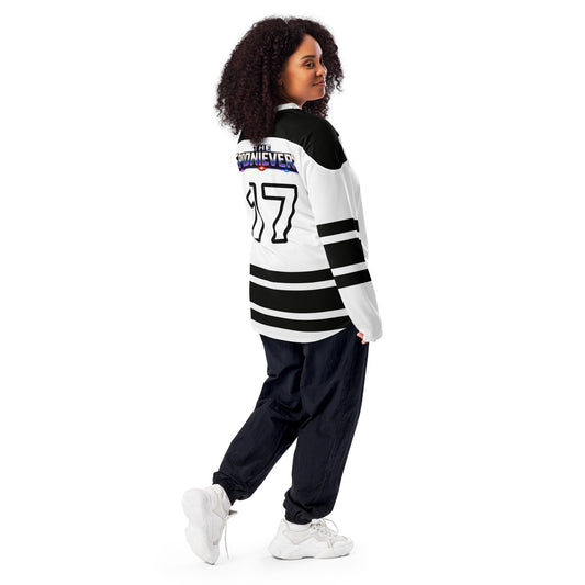 Model showing the back of the BW Team Spoonieverse hockey jersey with number 17 and black stripes on white fabric.