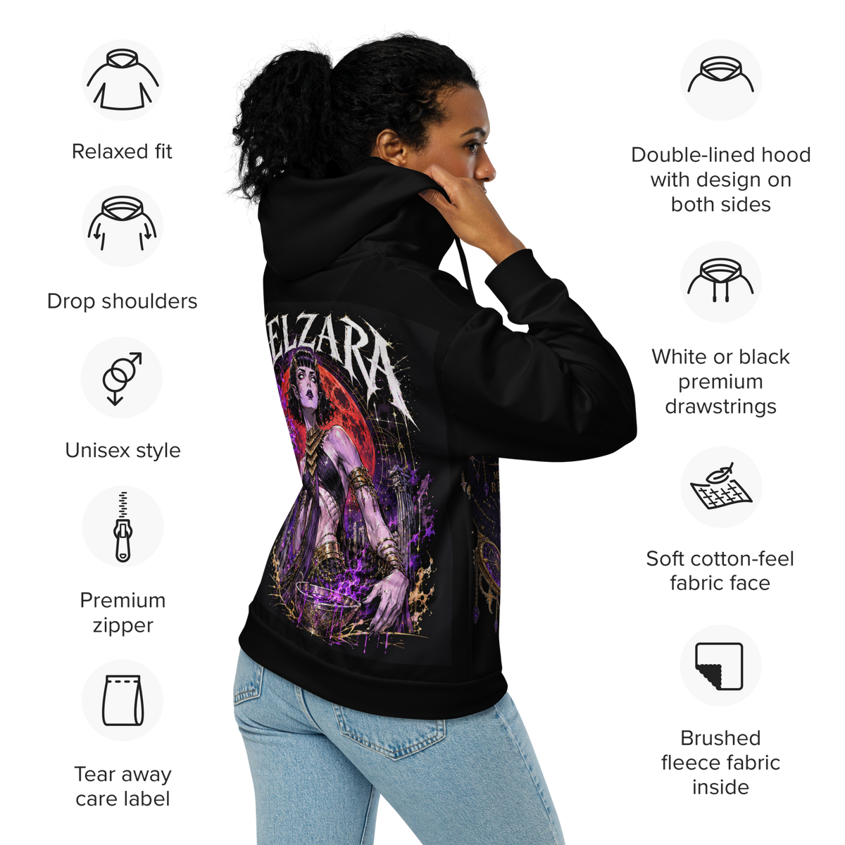 Velzara black zip hoodie front worn by model showing Queen of the Blood Moon chest artwork