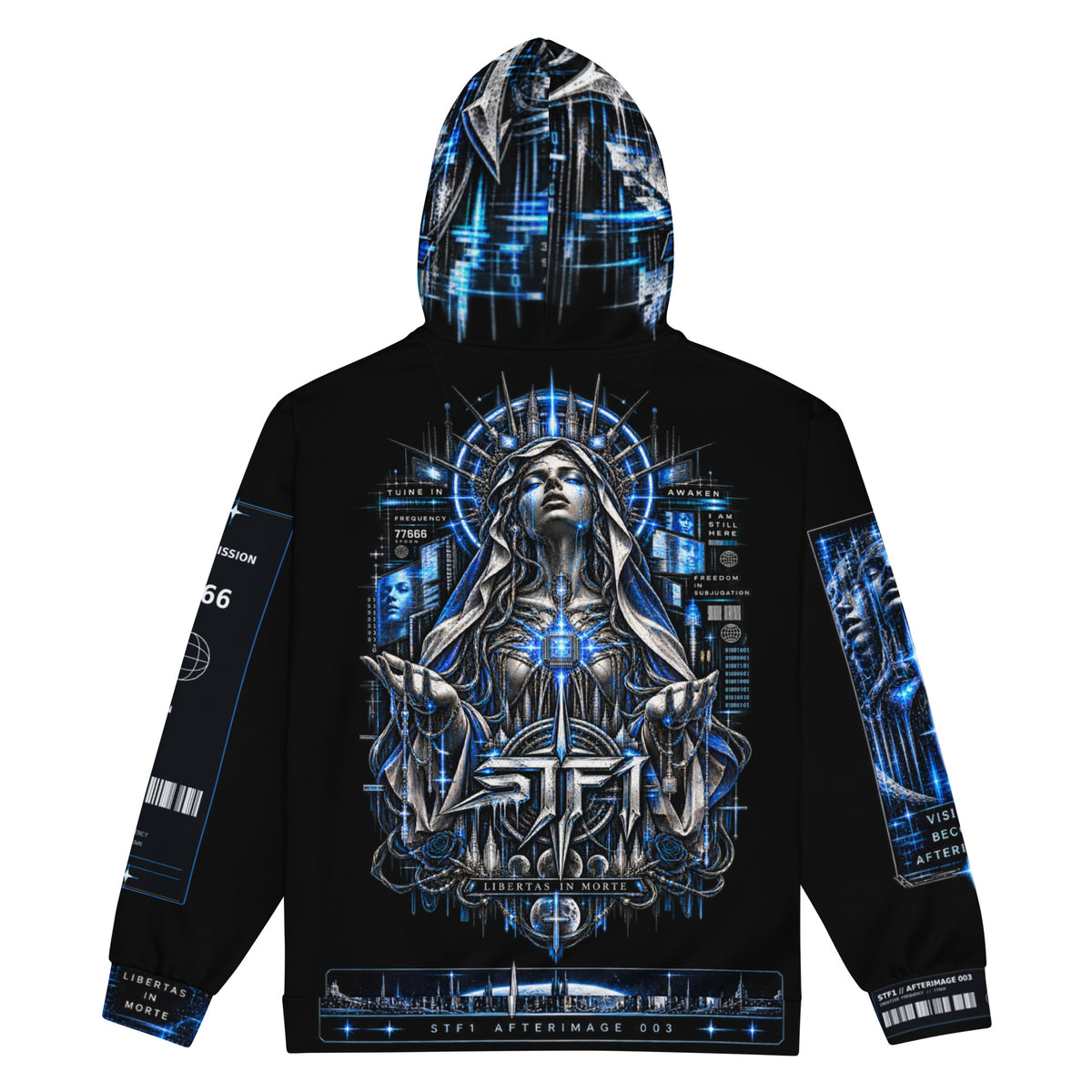Three-quarter back view of STF1 Afterimage 003 recycled zip hoodie with full-back STF1 artwork