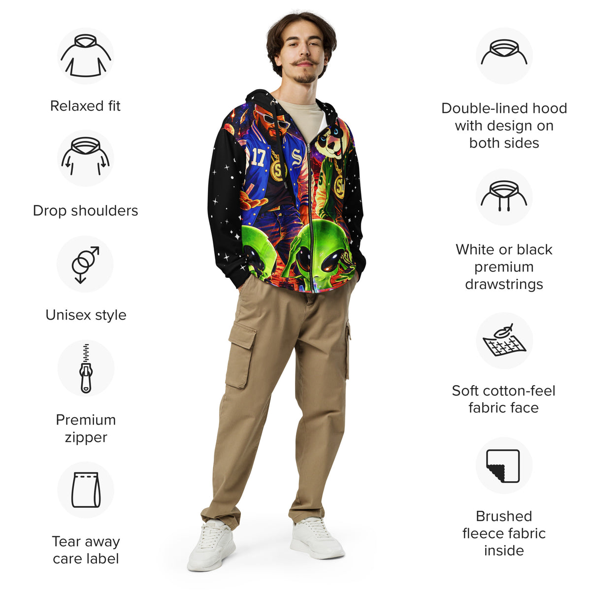 Close-up of Out of This World II cosmic star pattern hoodie artwork