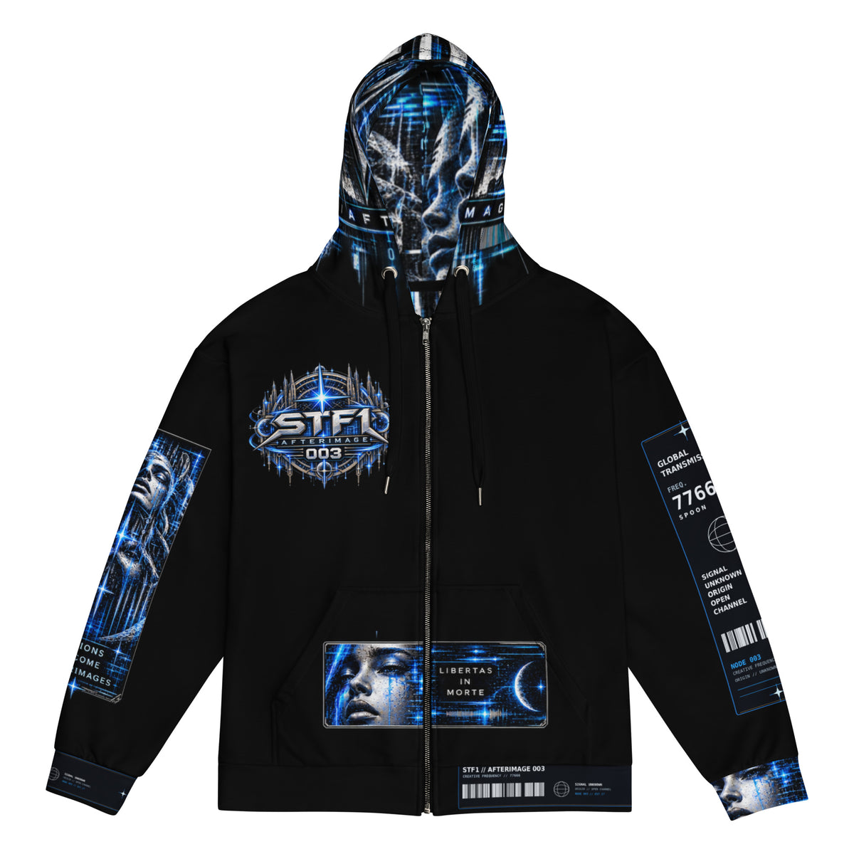 Three-quarter front view of STF1 Afterimage 003 black recycled zip hoodie with blue graphic panels