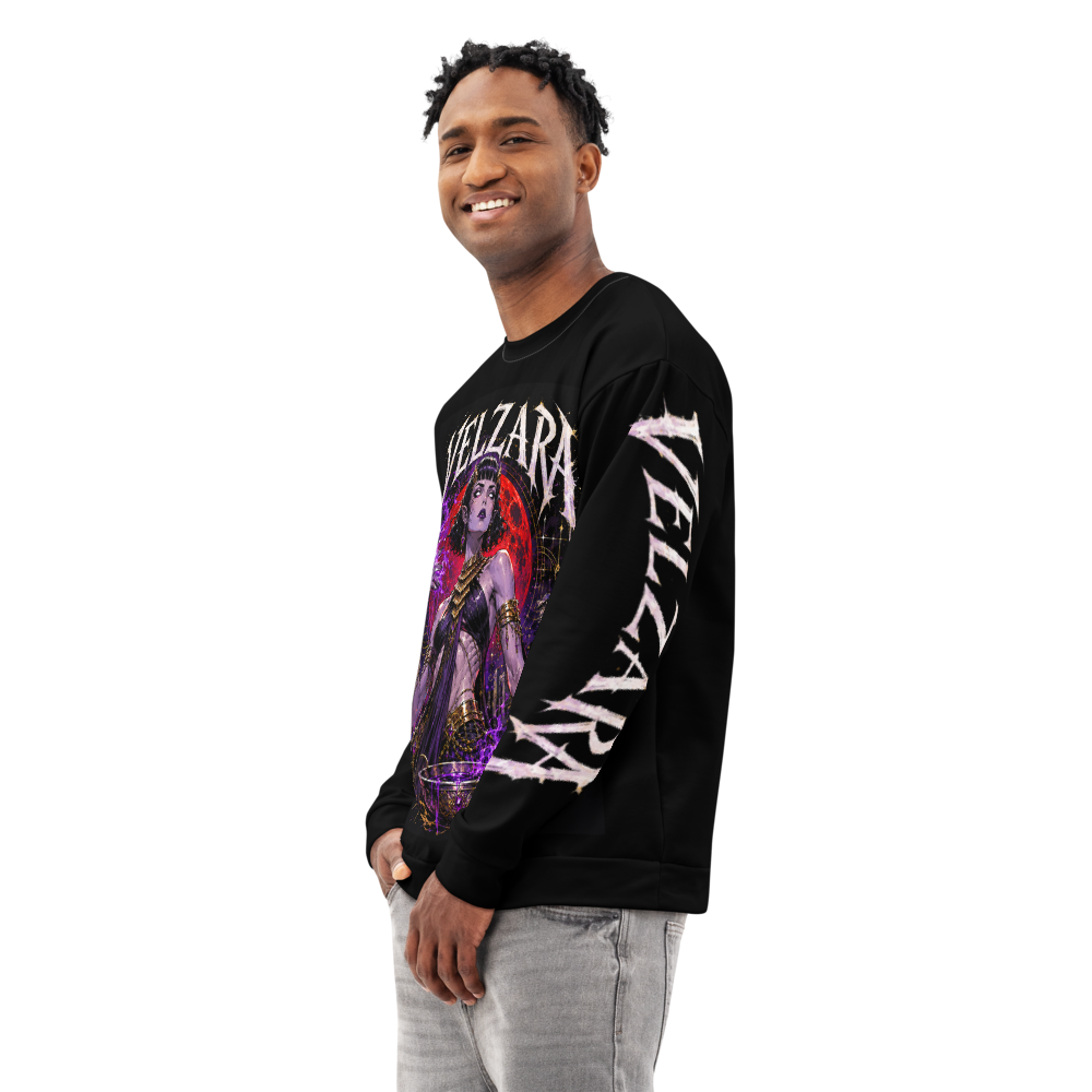 Male model wearing the Velzara Queen of the Blood Moon sweatshirt, front three-quarter view showing the artwork and sleeve graphics