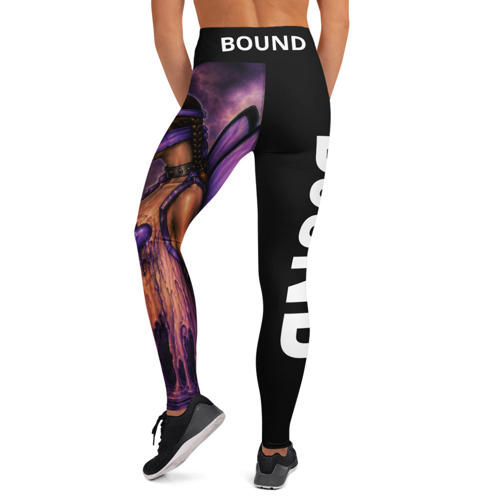 Back view of Bound black yoga leggings with white BOUND lettering on the waistband and purple artwork.