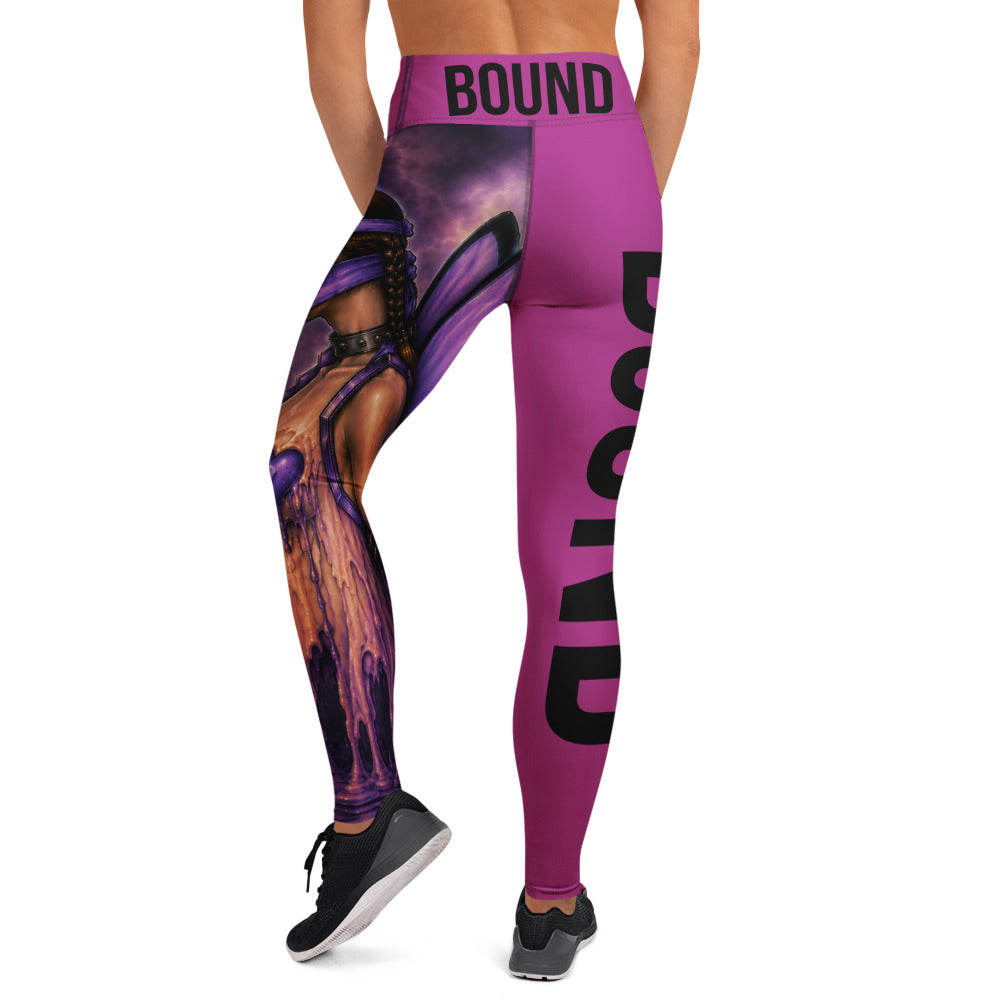 Back view of Bound purple yoga leggings with black BOUND lettering on the waistband and character artwork along one leg.
