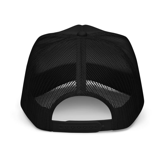 Product mockupBlack STF1 Graphix foam trucker hat with official round company logo back
