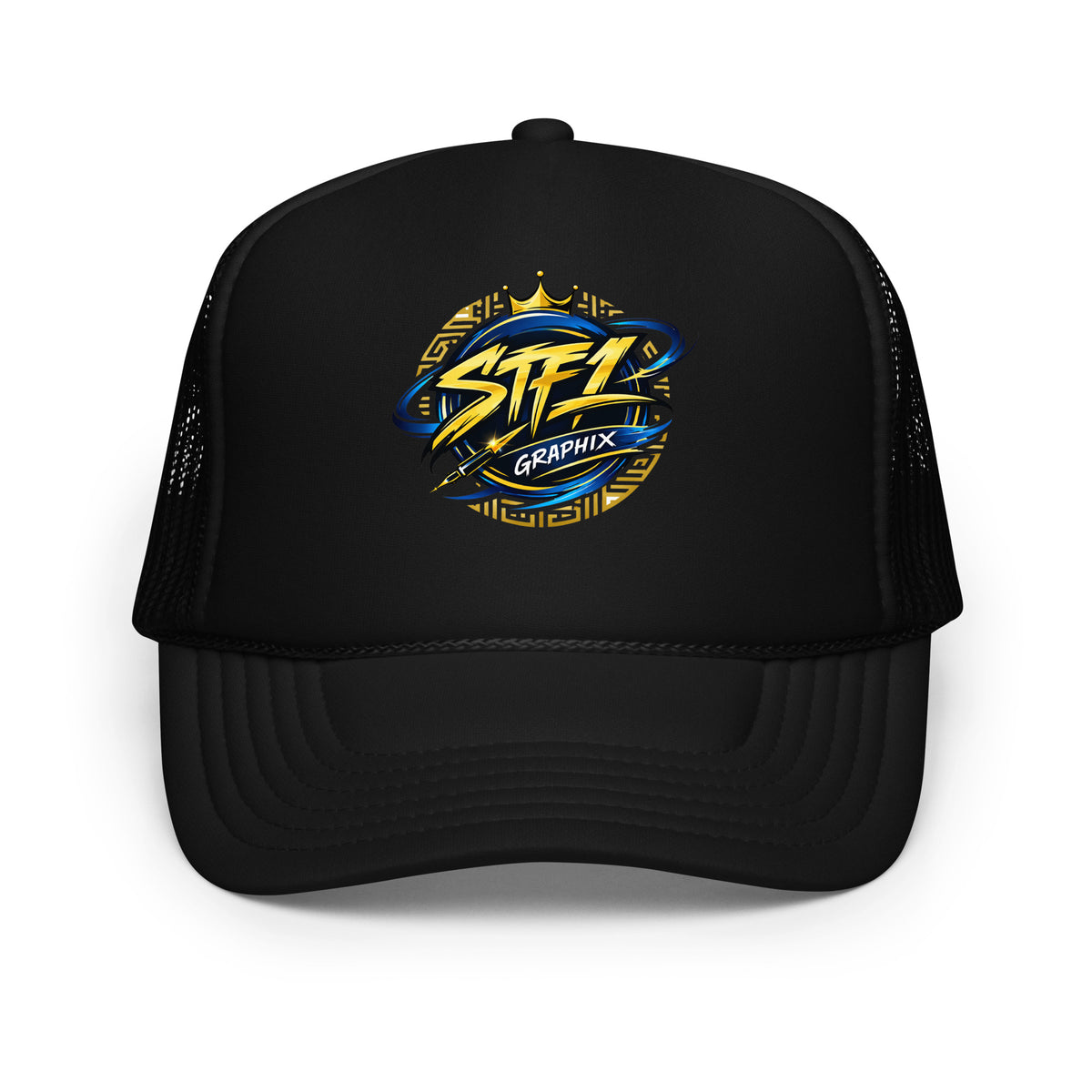 Black STF1 Graphix foam trucker hat with official round company logo front