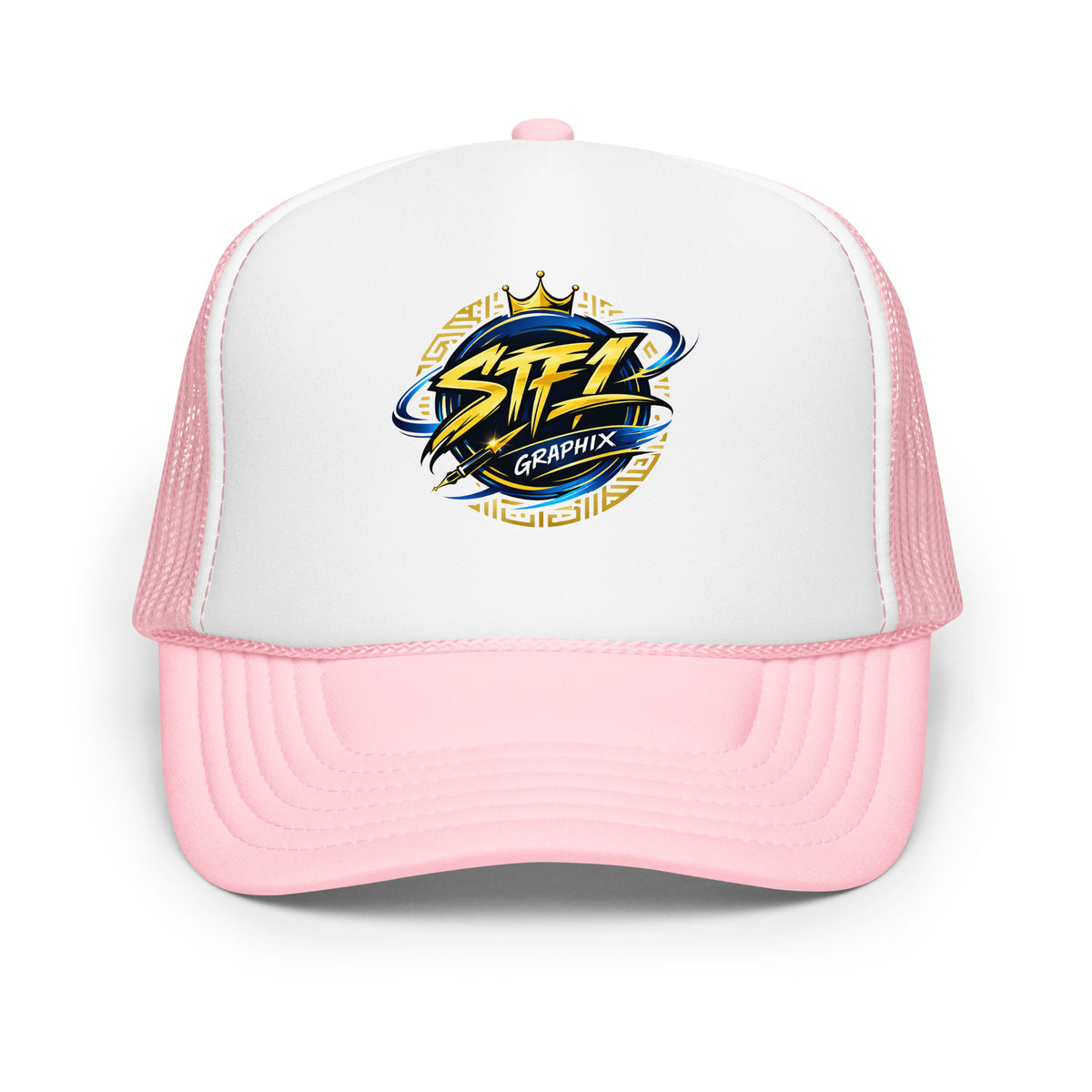 Pink/ White STF1 Graphix foam trucker hat with official round company logo front