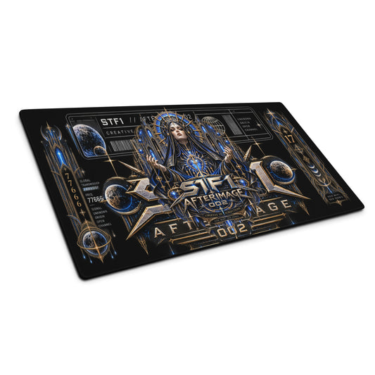 Angled view of the STF1 Afterimage 002 Subjugation gaming mouse pad showing the full artwork and stitched edges