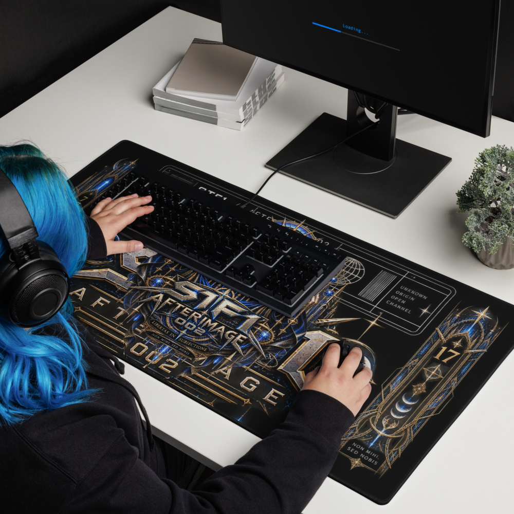 STF1 Afterimage 002 Subjugation extended gaming mouse pad displayed in a desktop setup with keyboard and mouse