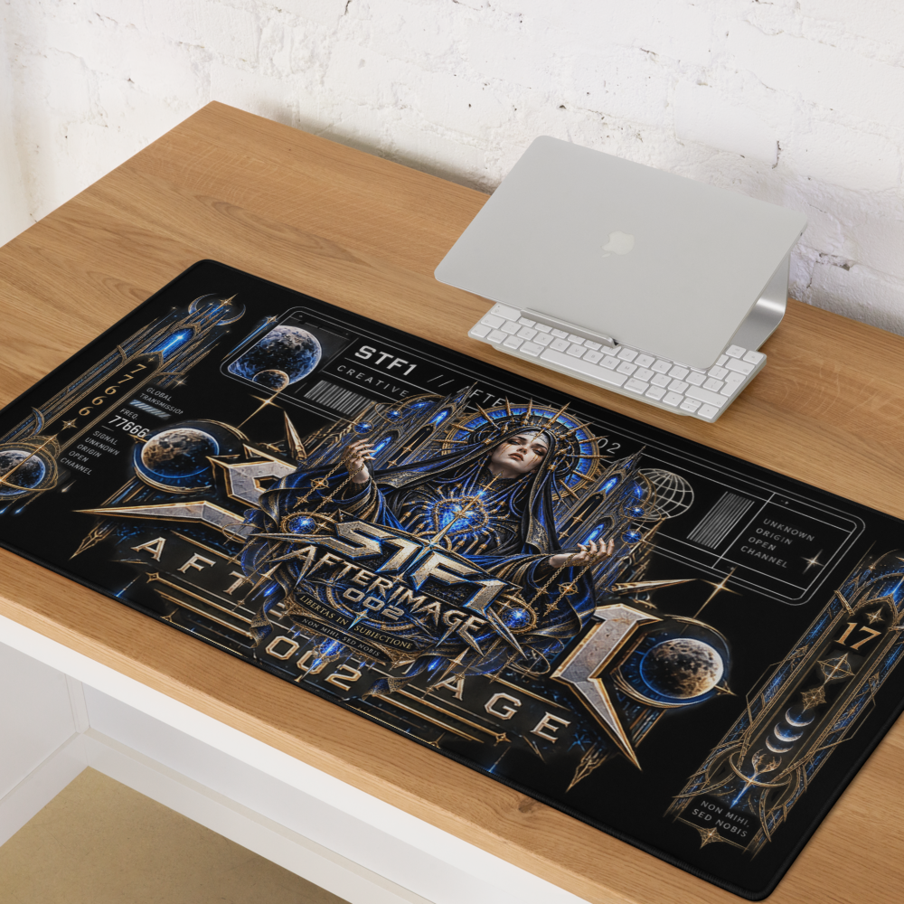 Top-down view of the Afterimage 002 Subjugation gaming desk mat in a workspace with computer accessories