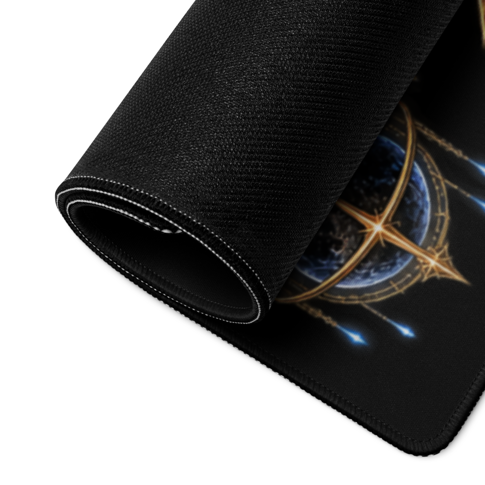 Close-up of the Afterimage 002 gaming mouse pad showing the printed surface, stitched edge, and black non-slip rubber backing
