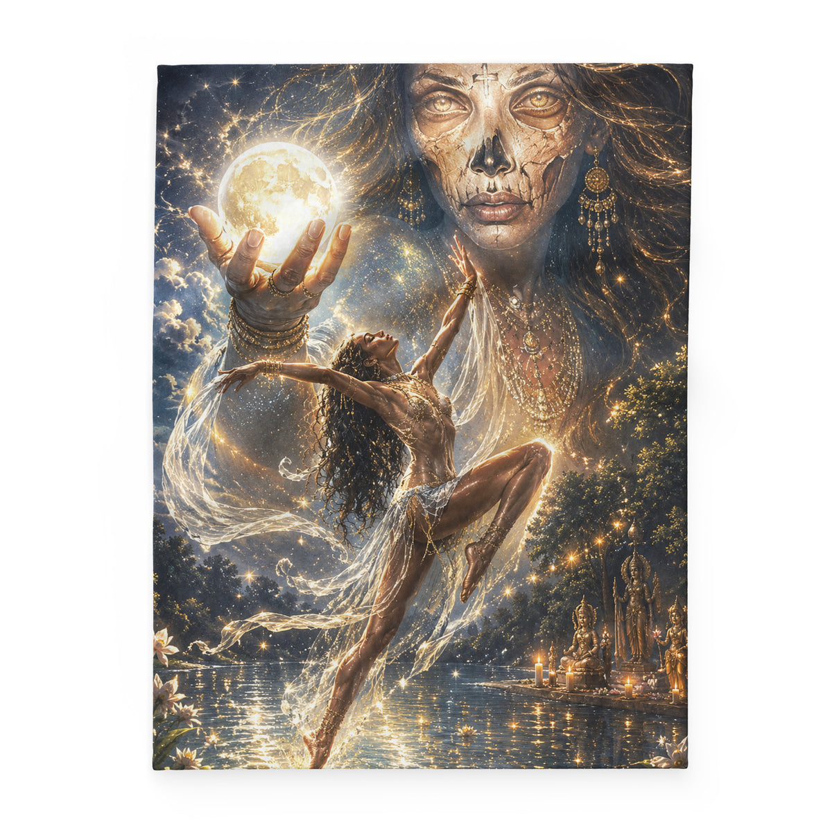 Moon Dancer Design B fleece blanket with colorful celestial original STF1 artwork