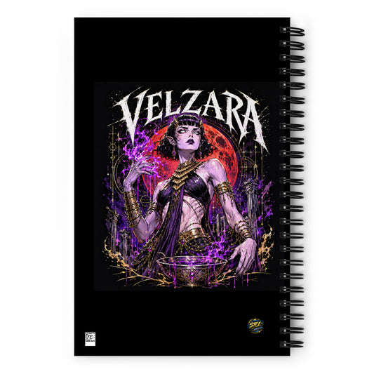Velzara spiral notebook featuring Queen of the Blood Moon artwork back featuring the STF1 Graphix logo