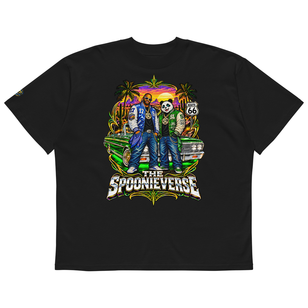 Black Spoonieverse Route 66 Lowrider Sunset oversized T-shirt with colorful lowrider crew graphic on front