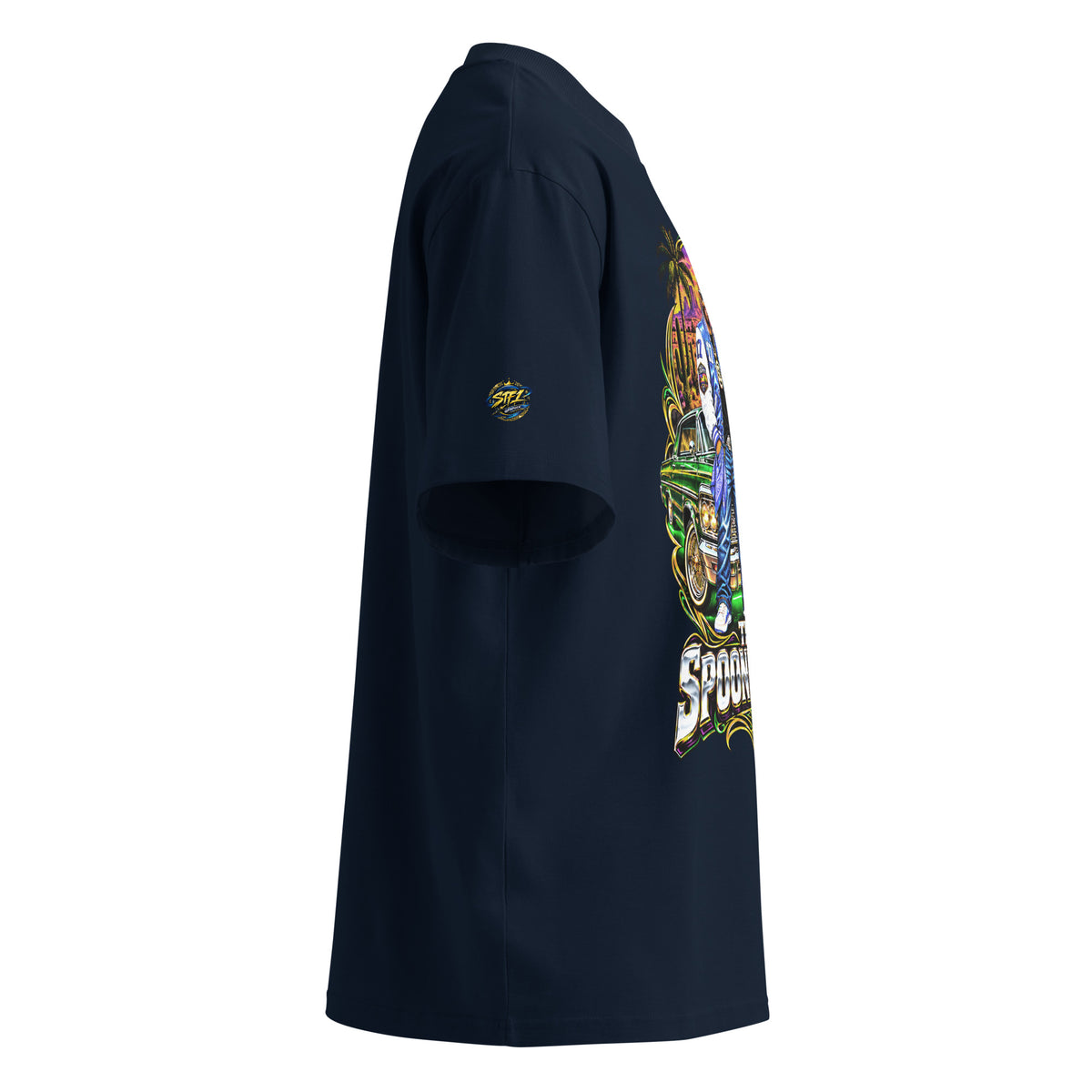 Side view of French Navy Spoonieverse Lowrider Sunset oversized T-shirt showing Route 66 graphic placement
