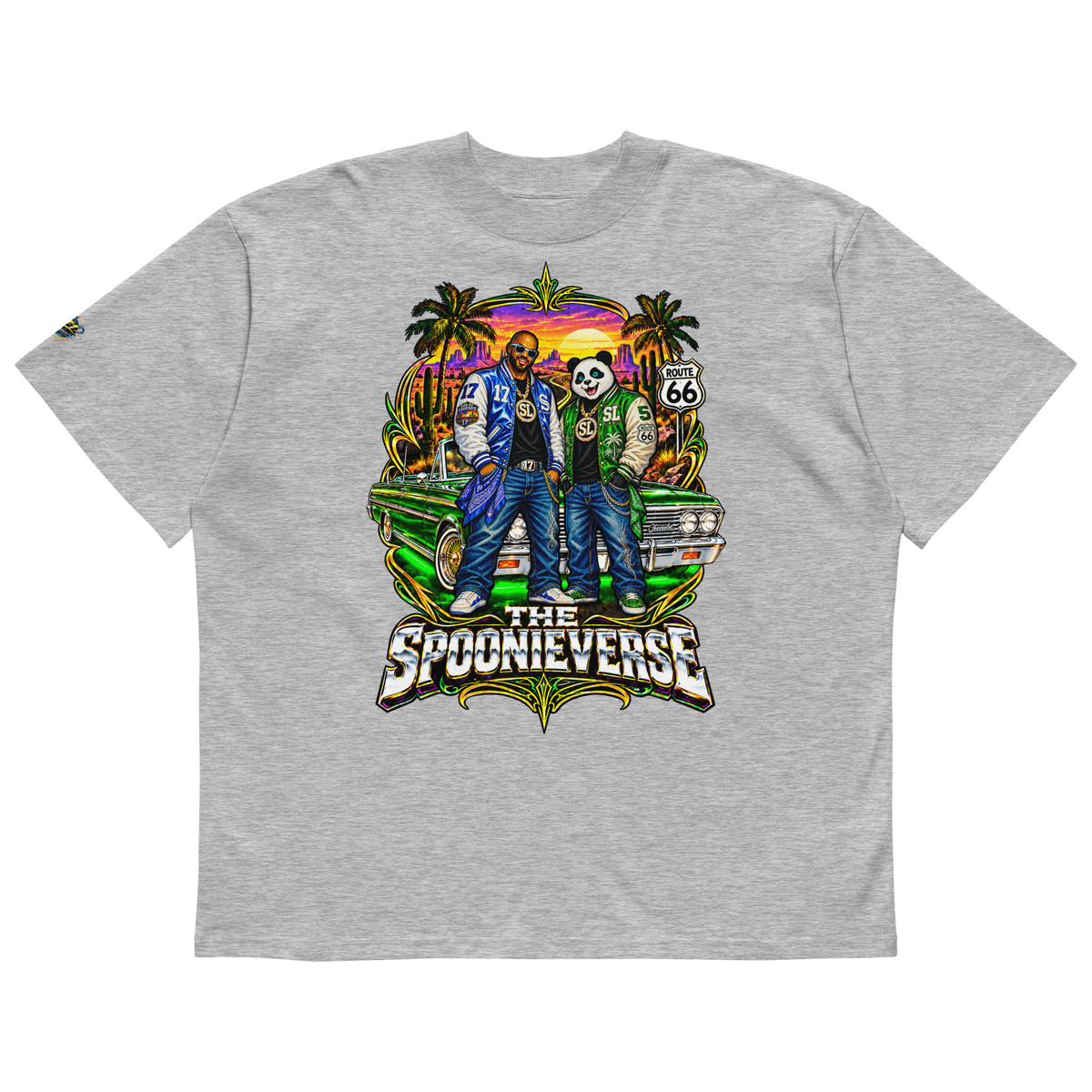 Heather Grey Spoonieverse Route 66 Lowrider Sunset oversized T-shirt with colorful character and lowrider artwork