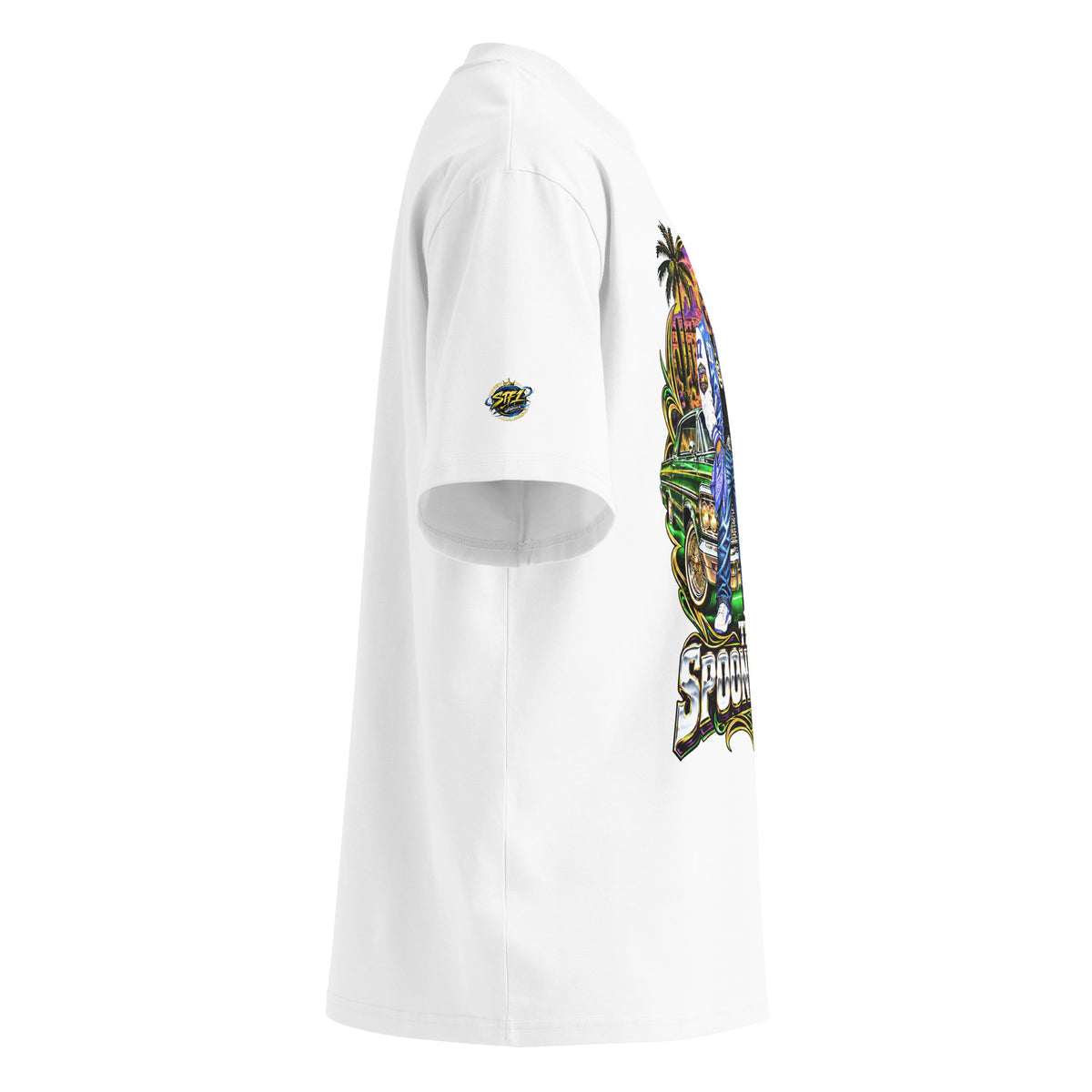 Side view of white Spoonieverse Route 66 Lowrider Sunset oversized T-shirt with colorful lowrider artwork