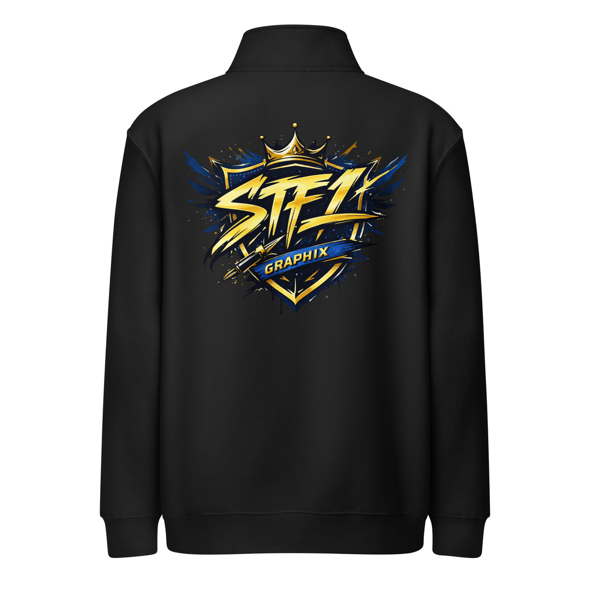 Back view of black STF1 Graphix quarter-zip sweatshirt with a large shield logo.