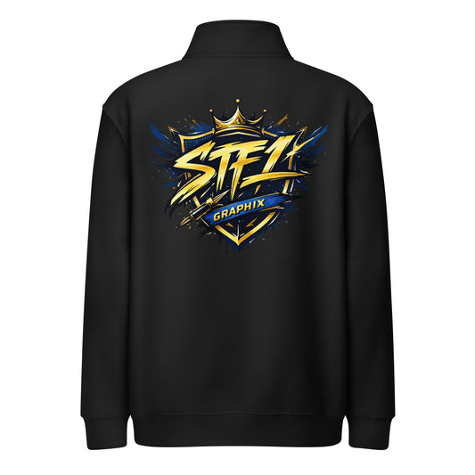 Back view of black STF1 Graphix quarter-zip sweatshirt with a large shield logo.