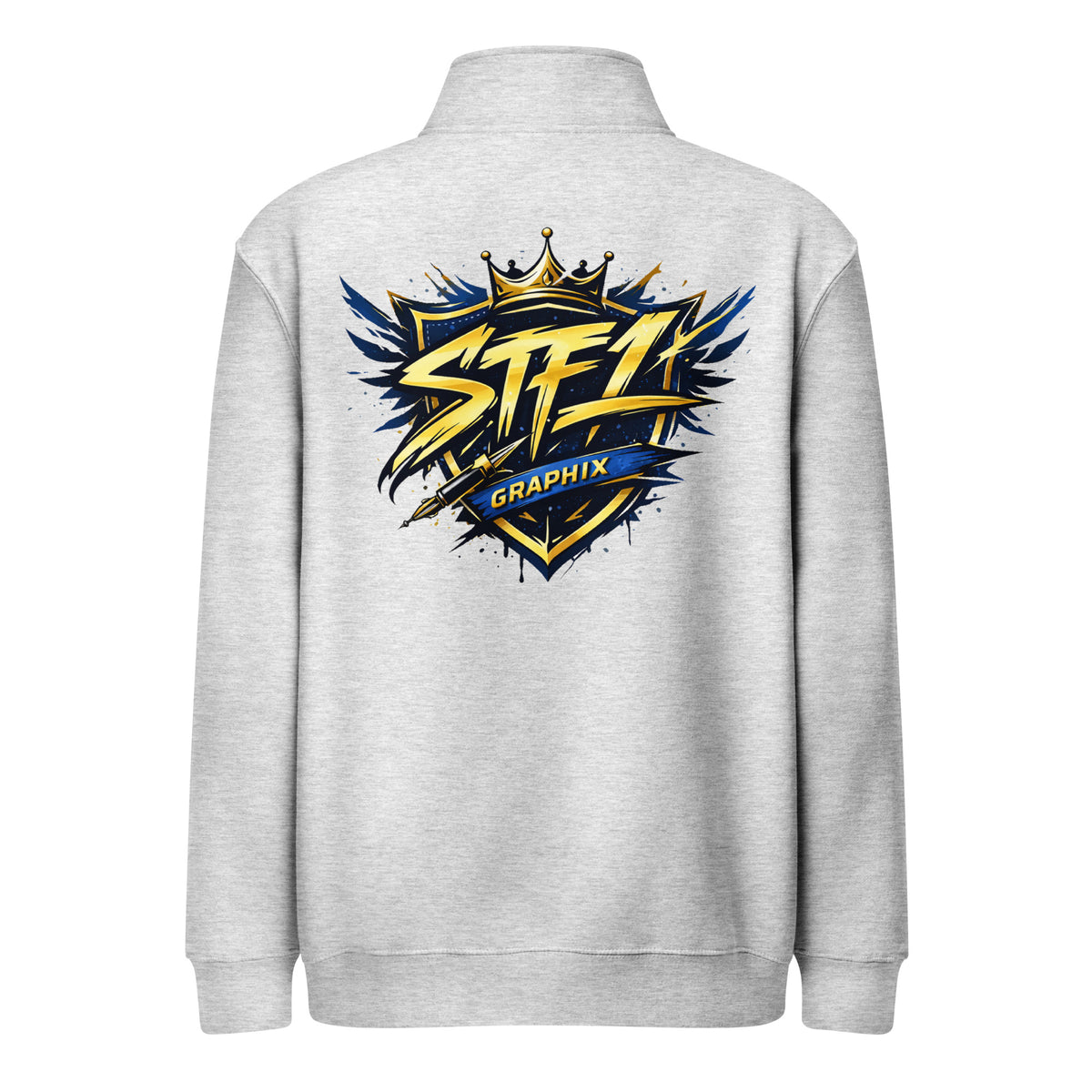 Back view of Heather Grey STF1 Graphix quarter-zip sweatshirt with a large shield logo.