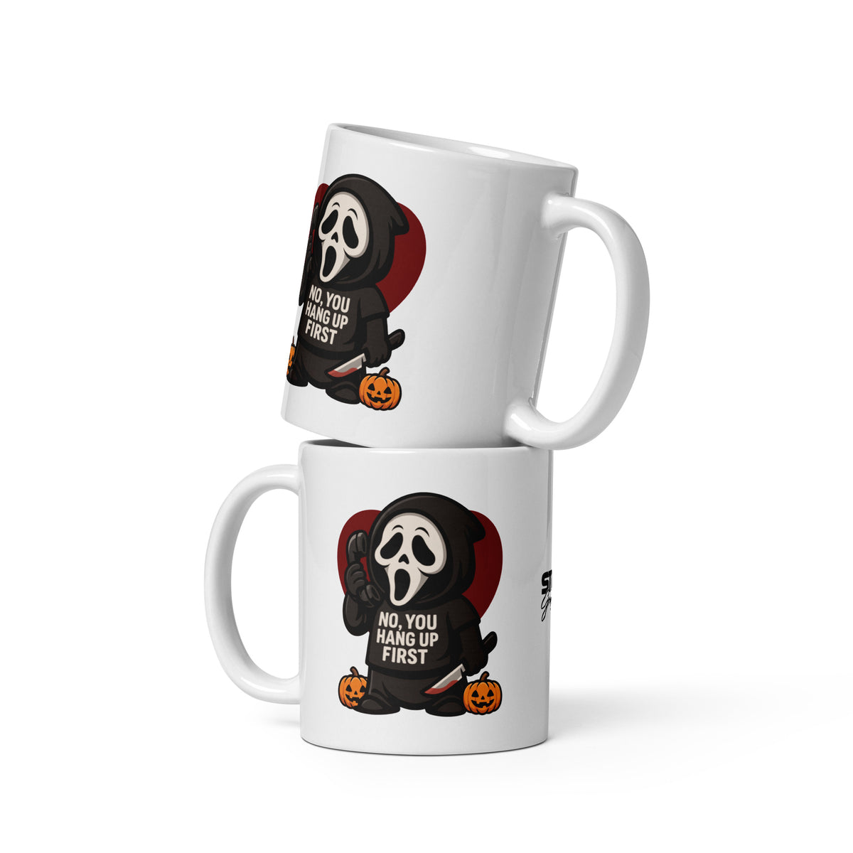 Stacked white Halloween mugs featuring a masked character holding a phone, pumpkins, and the phrase No, You Hang Up First.