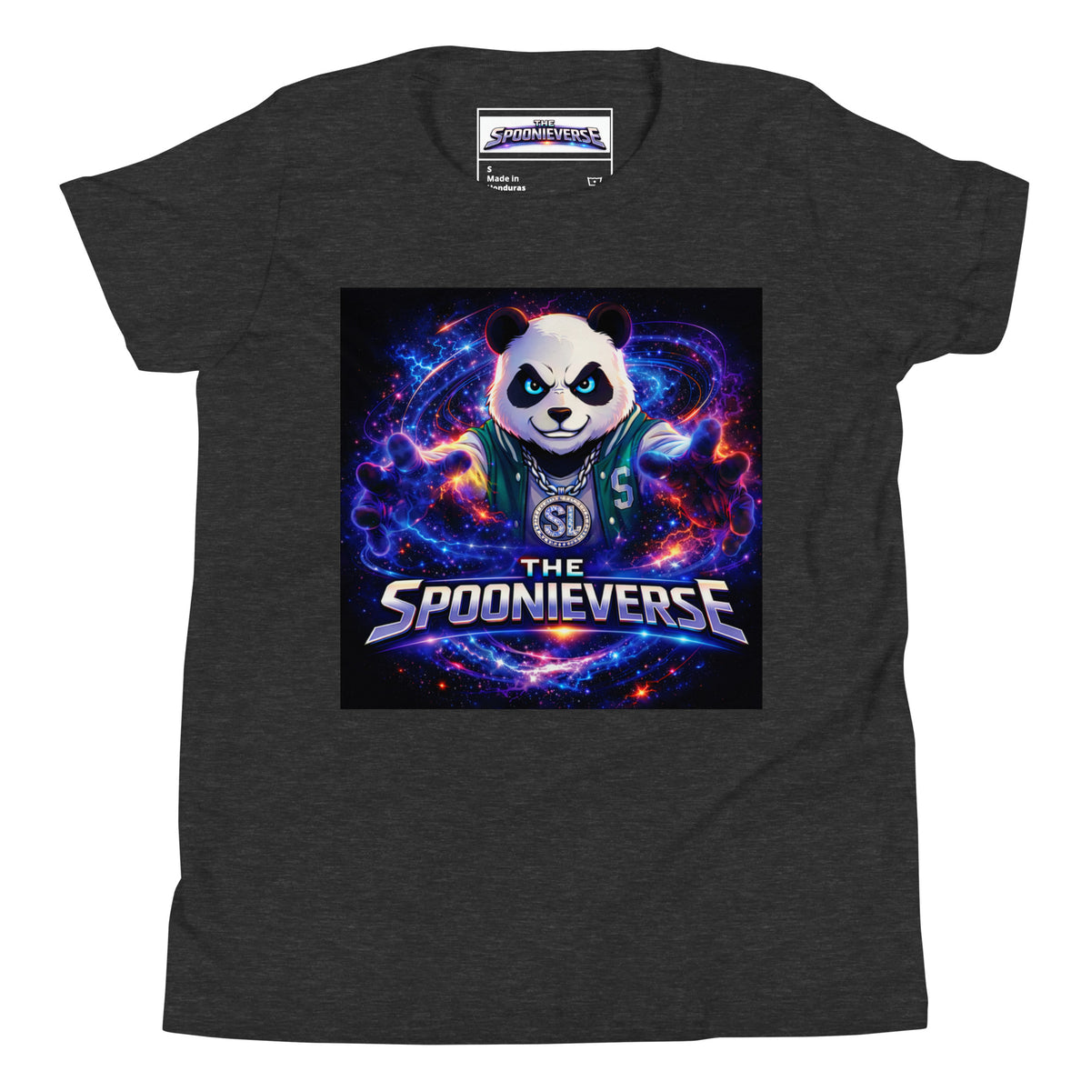 Front view of Spoonieverse logo youth graphic T-shirt Dark Grey